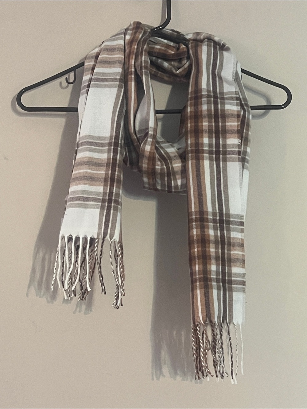 Plaid Fringe Scarf in Brown and Cream
